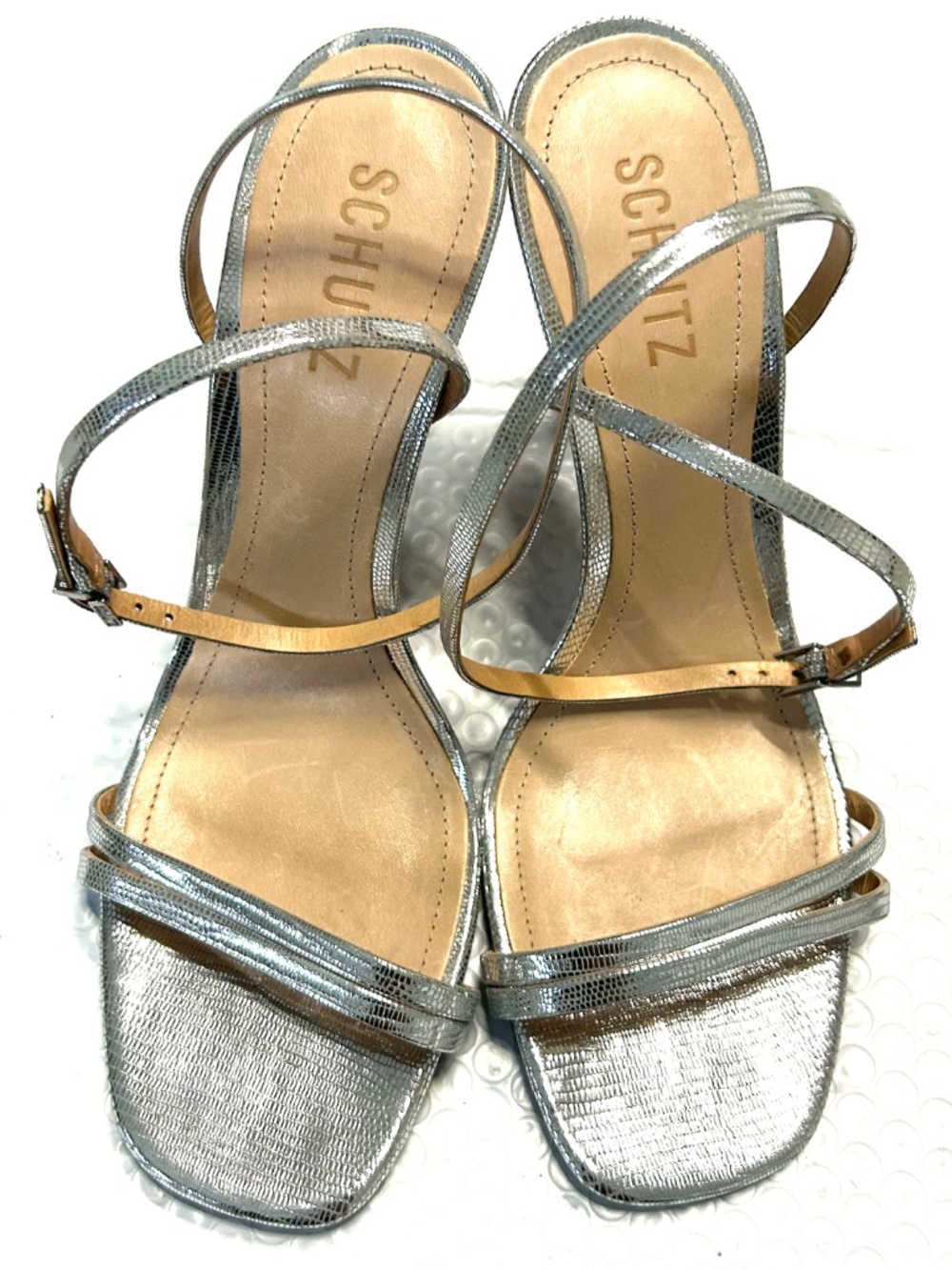 SCHUTZ Silver Metallic Straps Sandals Square Toe Stiletto Heels 3.5-4 Sz 8.5